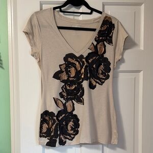 Express Beige and Black Floral Short Sleeve Top